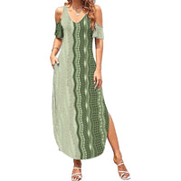 Vintage Sage Green Hawaiian Traditional Kapa Mix Flowers Lei Summer Maxi Dress LT7 Women Sage Green - Polynesian Pride