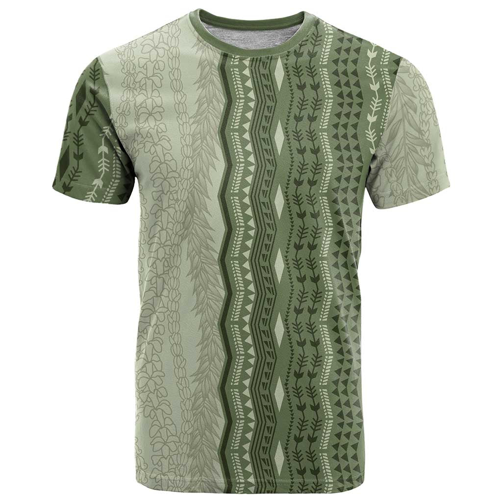 Vintage Sage Green Hawaiian Traditional Kapa Mix Flowers Lei T Shirt