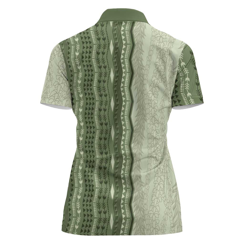 Vintage Sage Green Hawaiian Traditional Kapa Mix Flowers Lei Women Polo Shirt