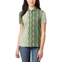 Vintage Sage Green Hawaiian Traditional Kapa Mix Flowers Lei Women Polo Shirt