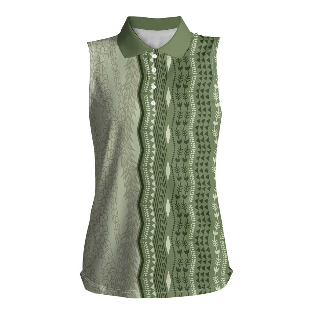 Vintage Sage Green Hawaiian Traditional Kapa Mix Flowers Lei Women Sleeveless Polo Shirt
