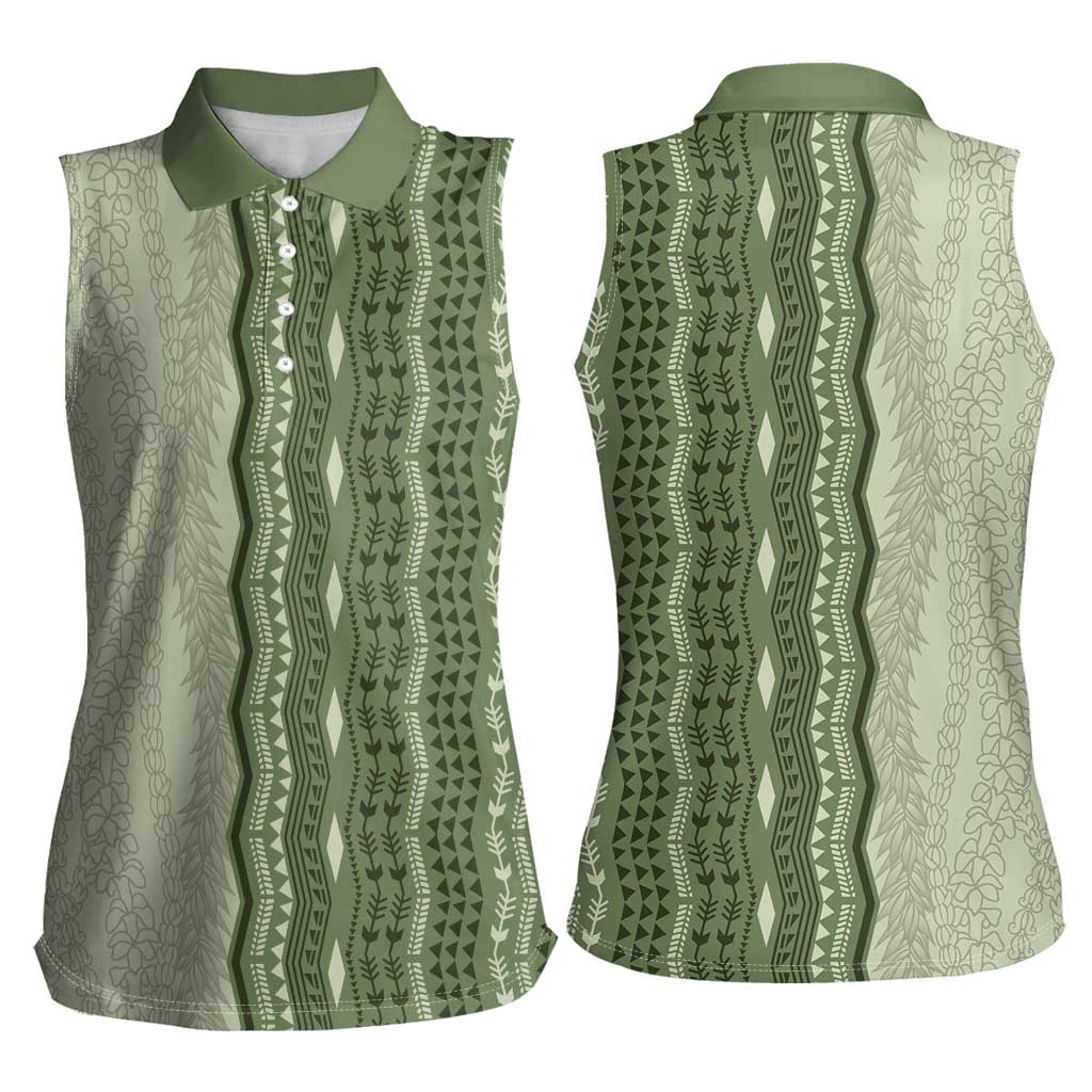 Vintage Sage Green Hawaiian Traditional Kapa Mix Flowers Lei Women Sleeveless Polo Shirt