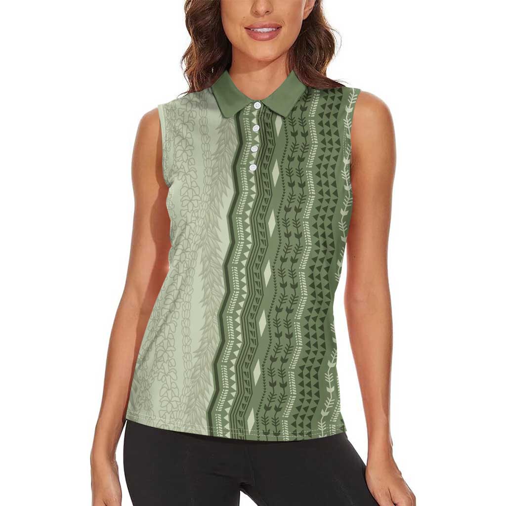 Vintage Sage Green Hawaiian Traditional Kapa Mix Flowers Lei Women Sleeveless Polo Shirt