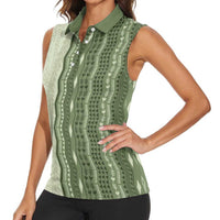 Vintage Sage Green Hawaiian Traditional Kapa Mix Flowers Lei Women Sleeveless Polo Shirt