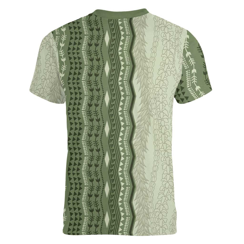Vintage Sage Green Hawaiian Traditional Kapa Mix Flowers Lei Women V-Neck T-Shirt
