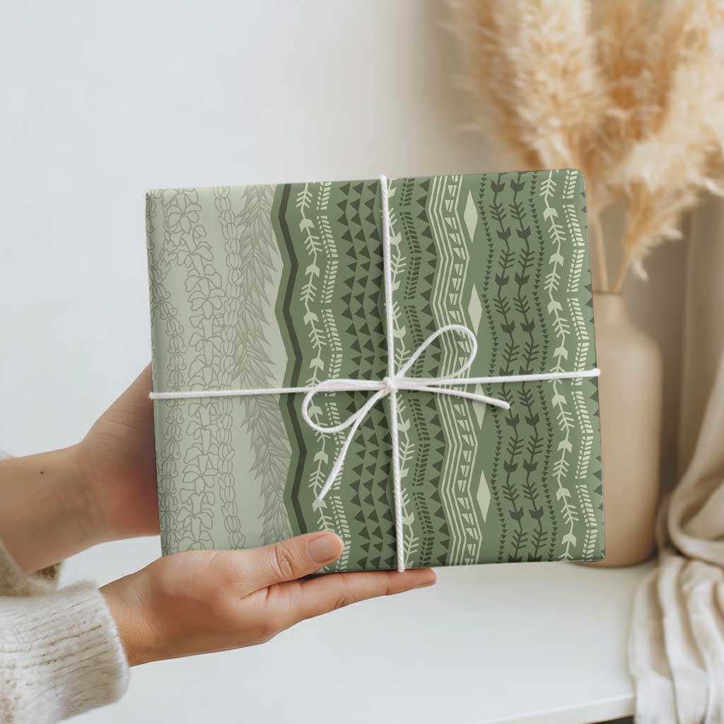 Vintage Sage Green Hawaiian Traditional Kapa Mix Flowers Lei Wrapping Paper