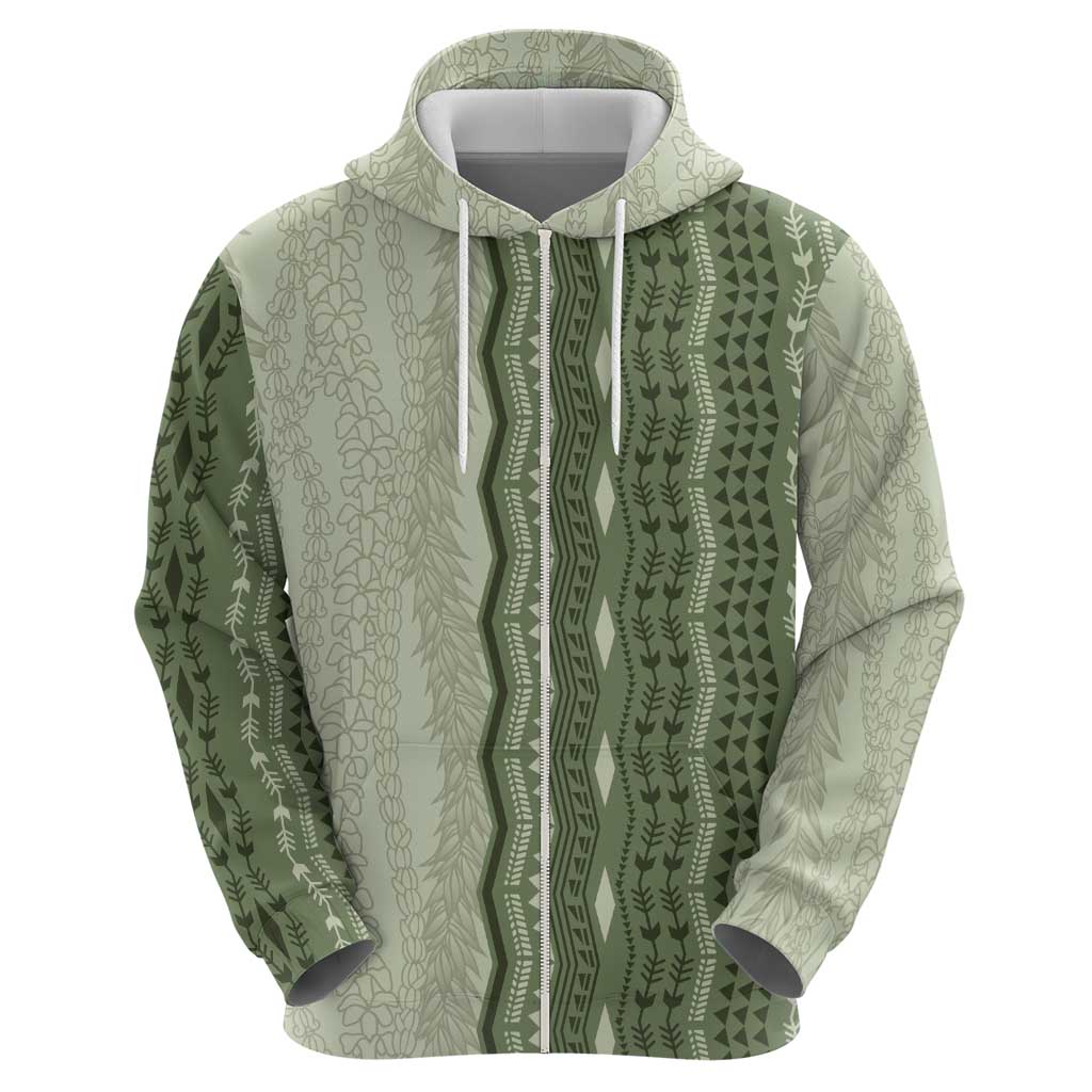 Vintage Sage Green Hawaiian Traditional Kapa Mix Flowers Lei Zip Hoodie LT7 - Polynesian Pride