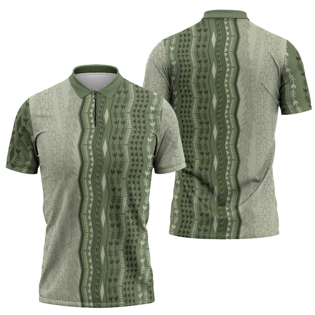 Vintage Sage Green Hawaiian Traditional Kapa Mix Flowers Lei Zipper Polo Shirt