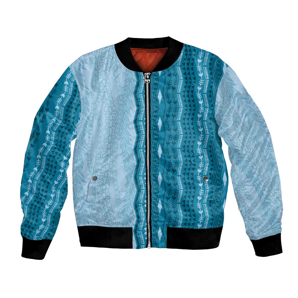 Vintage Cobalt Blue Hawaiian Traditional Kapa Mix Flowers Lei Bomber Jacket LT7 Unisex Cobalt Blue - Polynesian Pride