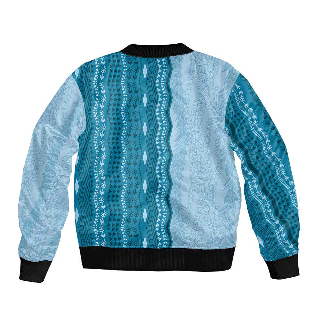 Vintage Cobalt Blue Hawaiian Traditional Kapa Mix Flowers Lei Bomber Jacket LT7 - Polynesian Pride