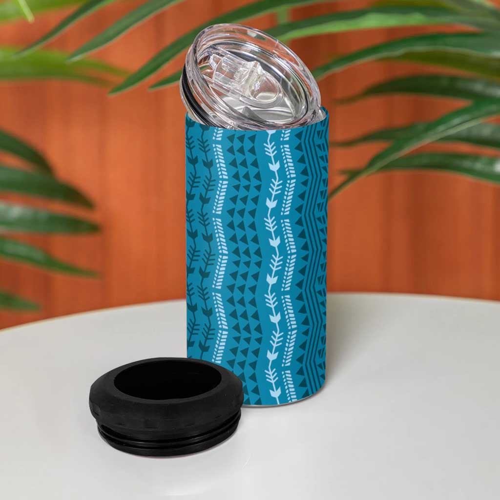 Vintage Cobalt Blue Hawaiian Traditional Kapa Mix Flowers Lei 4 in 1 Can Cooler Tumbler