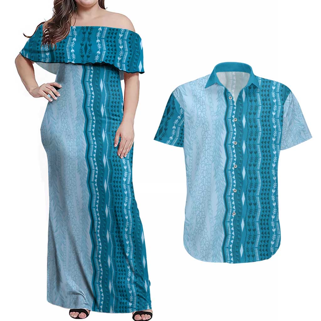 Vintage Cobalt Blue Hawaiian Traditional Kapa Mix Flowers Lei Couples Matching Off Shoulder Maxi Dress and Hawaiian Shirt