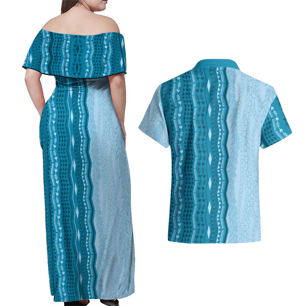 Vintage Cobalt Blue Hawaiian Traditional Kapa Mix Flowers Lei Couples Matching Off Shoulder Maxi Dress and Hawaiian Shirt