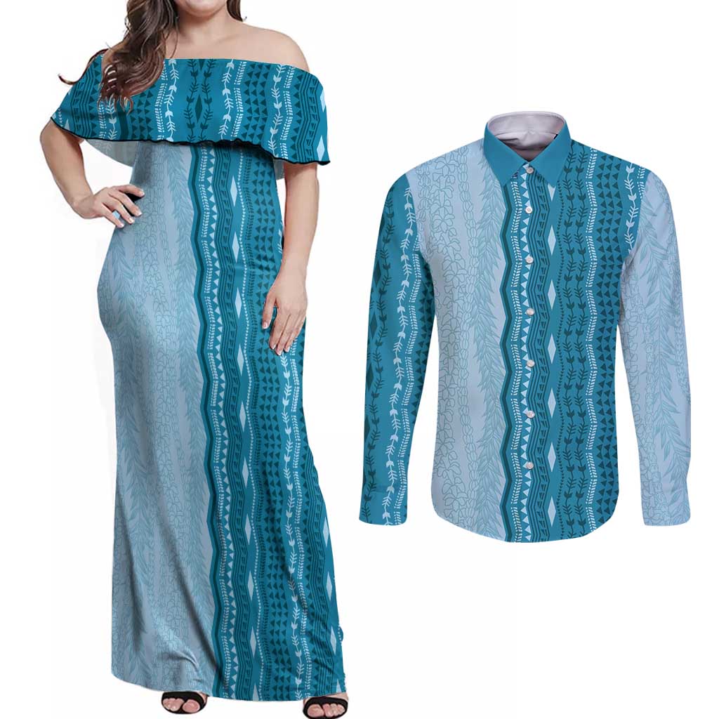 Vintage Cobalt Blue Hawaiian Traditional Kapa Mix Flowers Lei Couples Matching Off Shoulder Maxi Dress and Long Sleeve Button Shirt
