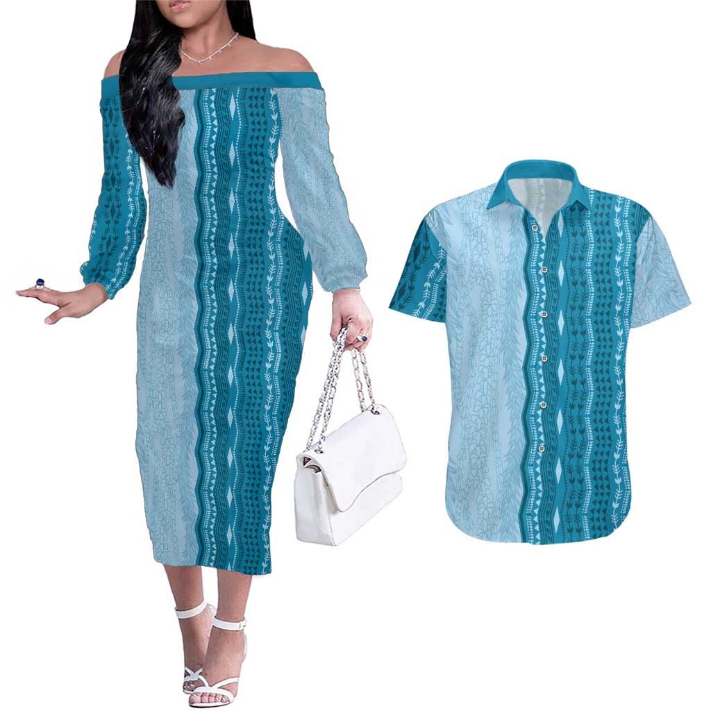 Vintage Cobalt Blue Hawaiian Traditional Kapa Mix Flowers Lei Couples Matching Off The Shoulder Long Sleeve Dress and Hawaiian Shirt