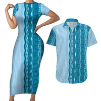 Vintage Cobalt Blue Hawaiian Traditional Kapa Mix Flowers Lei Couples Matching Short Sleeve Bodycon Dress and Hawaiian Shirt