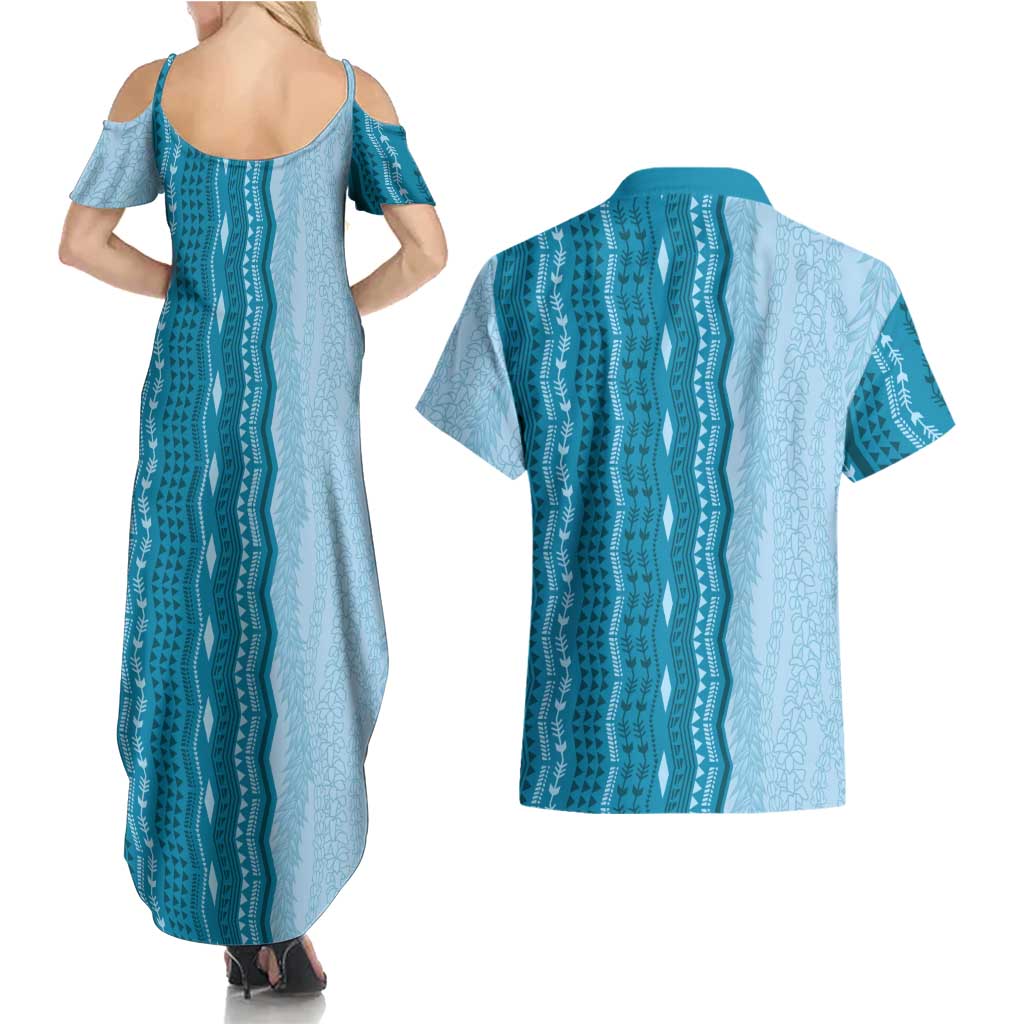 Vintage Cobalt Blue Hawaiian Traditional Kapa Mix Flowers Lei Couples Matching Summer Maxi Dress and Hawaiian Shirt