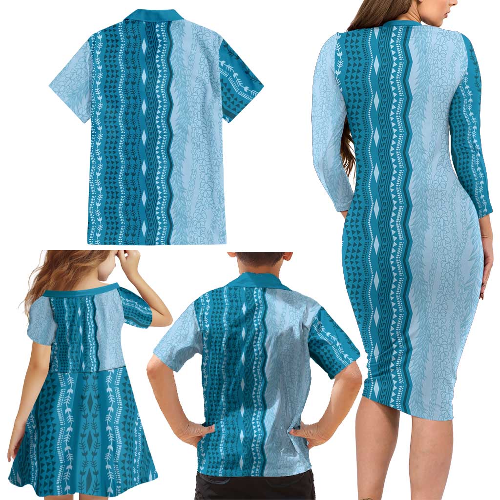 Vintage Cobalt Blue Hawaiian Traditional Kapa Mix Flowers Lei Family Matching Long Sleeve Bodycon Dress and Hawaiian Shirt