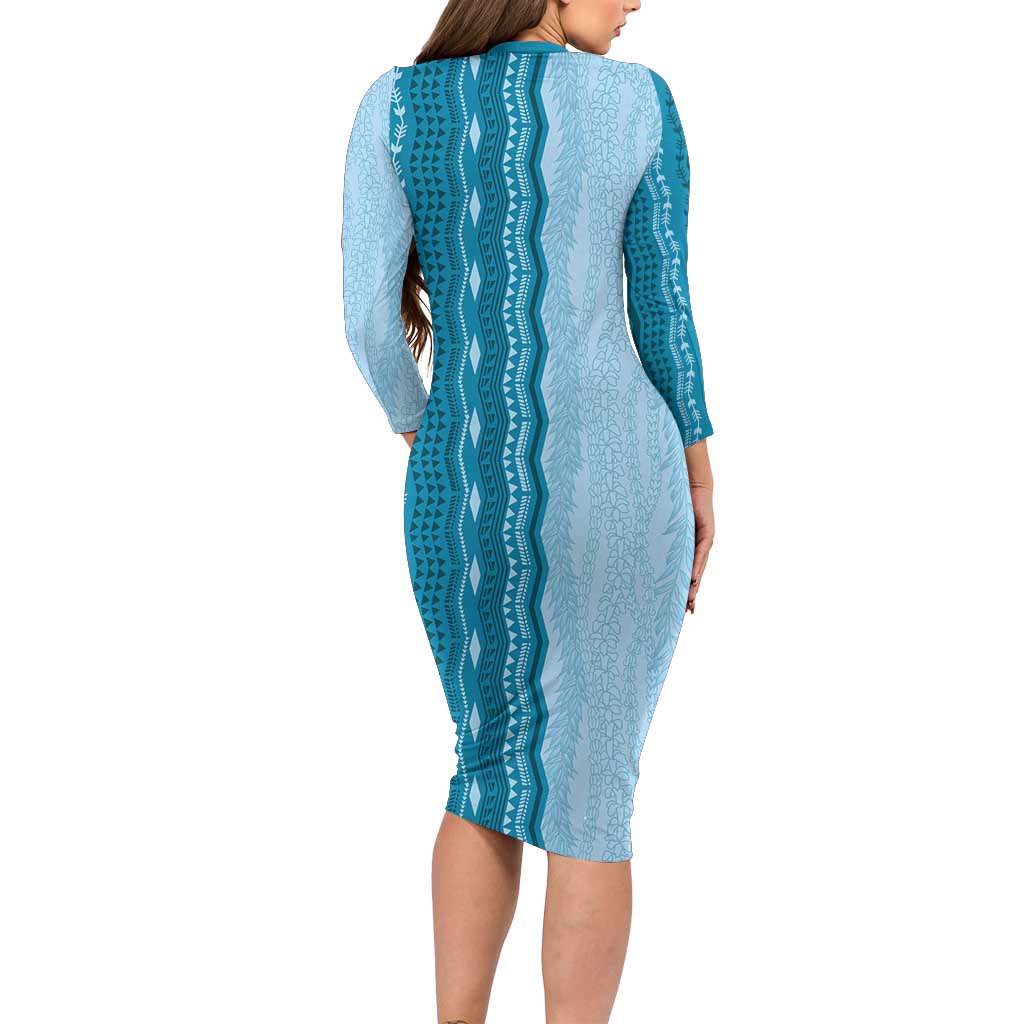 Vintage Cobalt Blue Hawaiian Traditional Kapa Mix Flowers Lei Family Matching Long Sleeve Bodycon Dress and Hawaiian Shirt