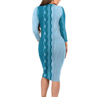 Vintage Cobalt Blue Hawaiian Traditional Kapa Mix Flowers Lei Family Matching Long Sleeve Bodycon Dress and Hawaiian Shirt
