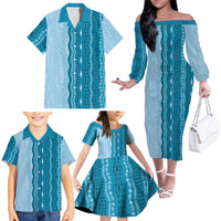Vintage Cobalt Blue Hawaiian Traditional Kapa Mix Flowers Lei Family Matching Off The Shoulder Long Sleeve Dress and Hawaiian Shirt