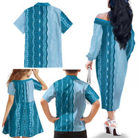 Vintage Cobalt Blue Hawaiian Traditional Kapa Mix Flowers Lei Family Matching Off The Shoulder Long Sleeve Dress and Hawaiian Shirt
