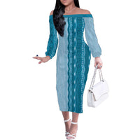 Vintage Cobalt Blue Hawaiian Traditional Kapa Mix Flowers Lei Family Matching Off The Shoulder Long Sleeve Dress and Hawaiian Shirt
