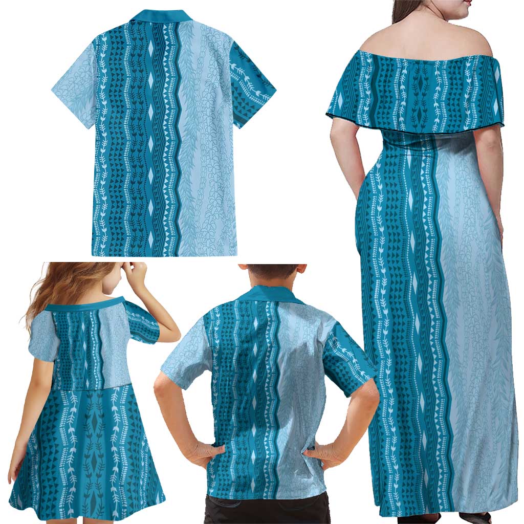 Vintage Cobalt Blue Hawaiian Traditional Kapa Mix Flowers Lei Family Matching Off Shoulder Maxi Dress and Hawaiian Shirt