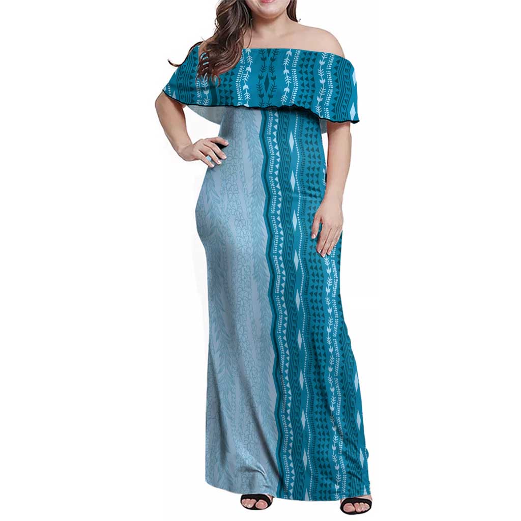 Vintage Cobalt Blue Hawaiian Traditional Kapa Mix Flowers Lei Family Matching Off Shoulder Maxi Dress and Hawaiian Shirt