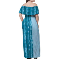 Vintage Cobalt Blue Hawaiian Traditional Kapa Mix Flowers Lei Family Matching Off Shoulder Maxi Dress and Hawaiian Shirt