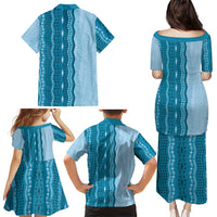 Vintage Cobalt Blue Hawaiian Traditional Kapa Mix Flowers Lei Family Matching Puletasi and Hawaiian Shirt
