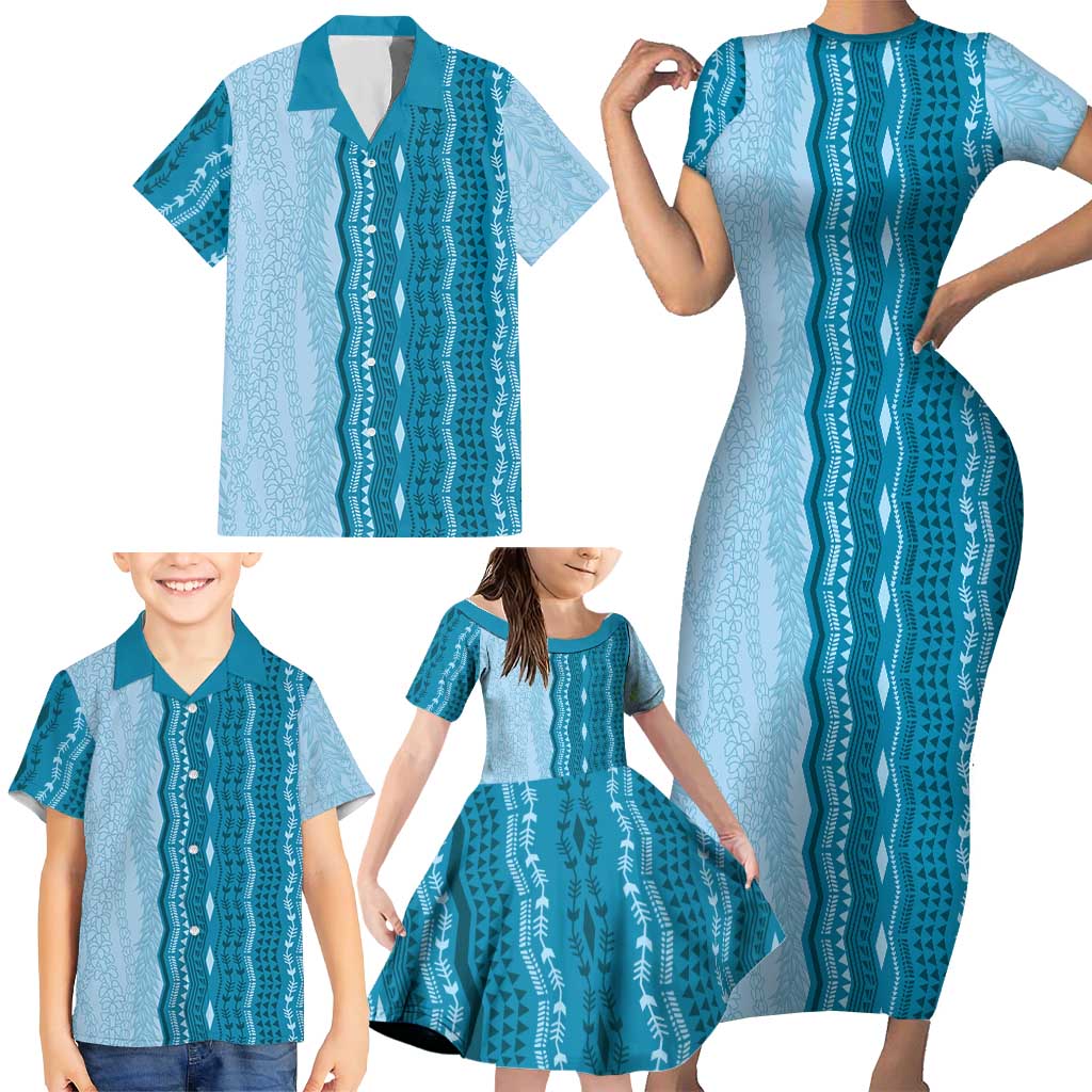 Vintage Cobalt Blue Hawaiian Traditional Kapa Mix Flowers Lei Family Matching Short Sleeve Bodycon Dress and Hawaiian Shirt