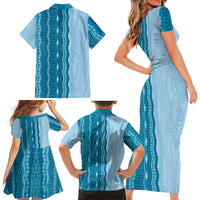 Vintage Cobalt Blue Hawaiian Traditional Kapa Mix Flowers Lei Family Matching Short Sleeve Bodycon Dress and Hawaiian Shirt
