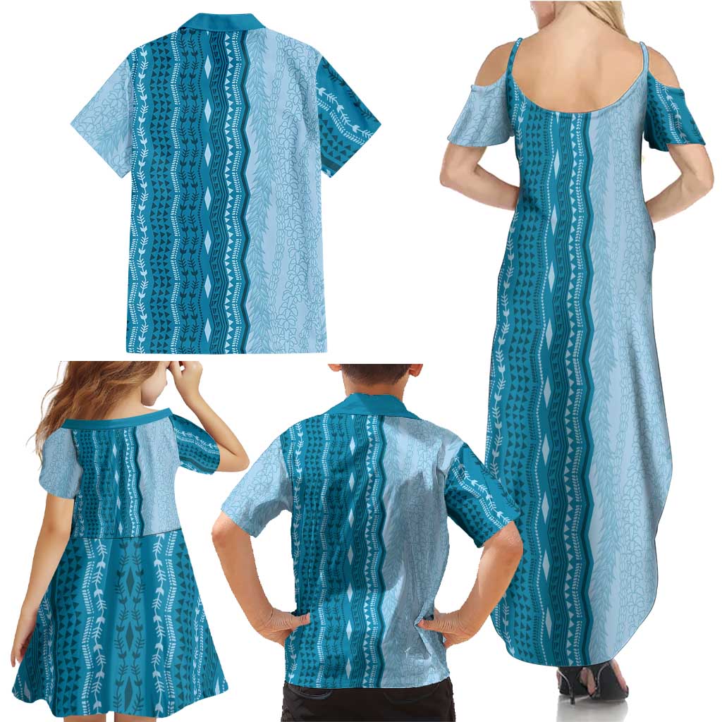 Vintage Cobalt Blue Hawaiian Traditional Kapa Mix Flowers Lei Family Matching Summer Maxi Dress and Hawaiian Shirt