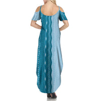 Vintage Cobalt Blue Hawaiian Traditional Kapa Mix Flowers Lei Family Matching Summer Maxi Dress and Hawaiian Shirt