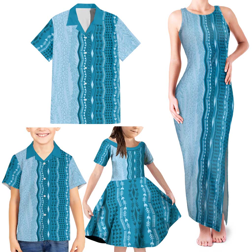 Vintage Cobalt Blue Hawaiian Traditional Kapa Mix Flowers Lei Family Matching Tank Maxi Dress and Hawaiian Shirt