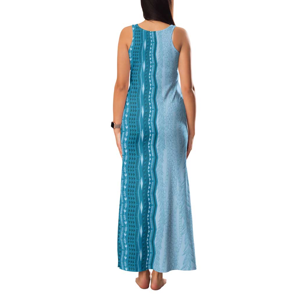 Vintage Cobalt Blue Hawaiian Traditional Kapa Mix Flowers Lei Family Matching Tank Maxi Dress and Hawaiian Shirt