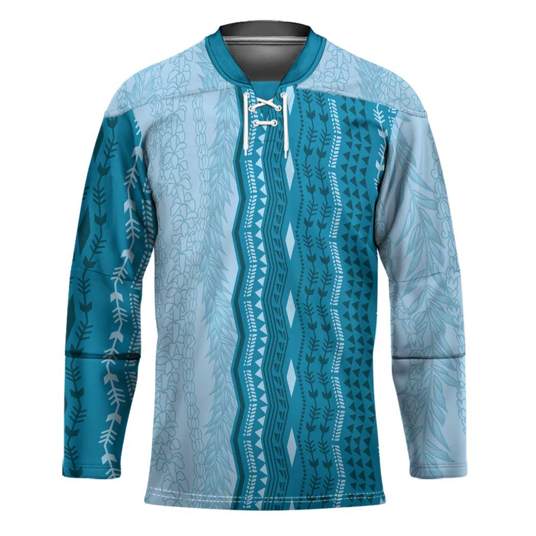 Vintage Cobalt Blue Hawaiian Traditional Kapa Mix Flowers Lei Hockey Jersey LT7 Unisex Cobalt Blue - Polynesian Pride