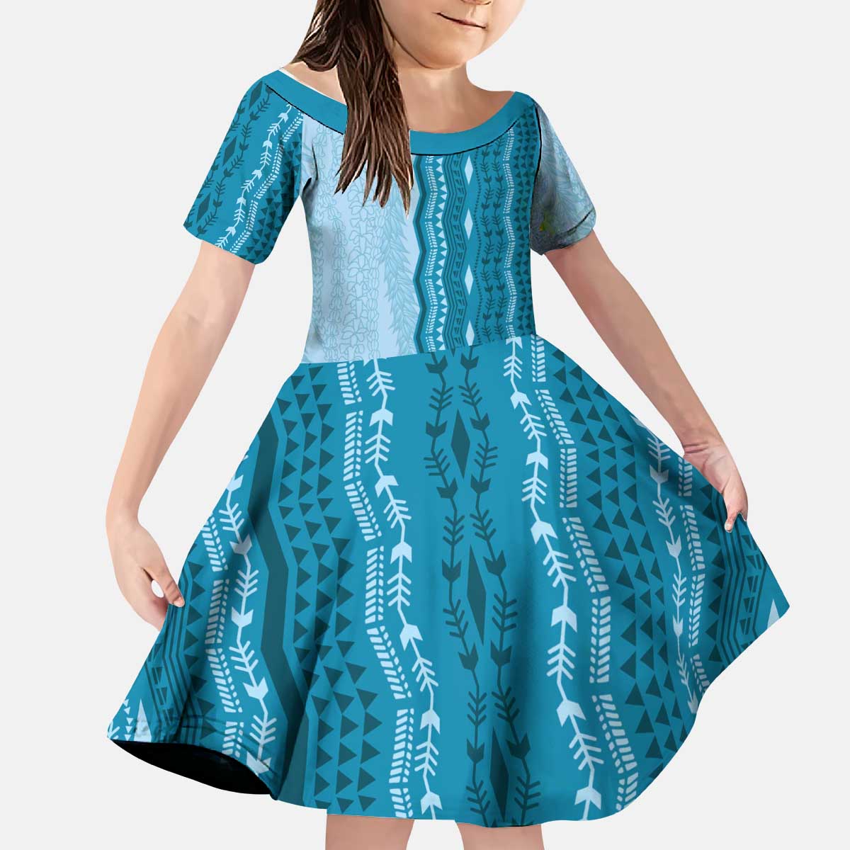 Vintage Cobalt Blue Hawaiian Traditional Kapa Mix Flowers Lei Kid Short Sleeve Dress
