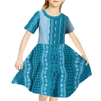 Vintage Cobalt Blue Hawaiian Traditional Kapa Mix Flowers Lei Kid Short Sleeve Dress