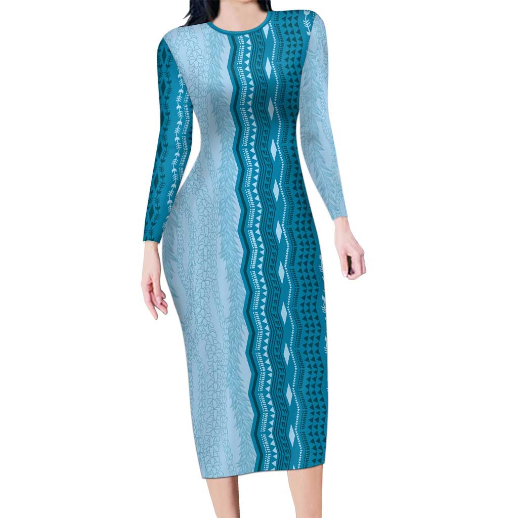 Vintage Cobalt Blue Hawaiian Traditional Kapa Mix Flowers Lei Long Sleeve Bodycon Dress