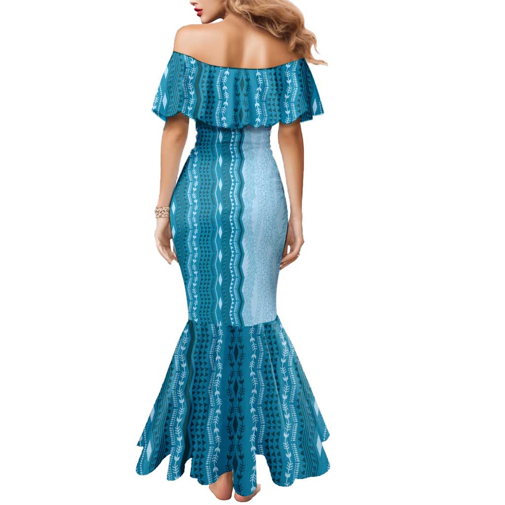 Vintage Cobalt Blue Hawaiian Traditional Kapa Mix Flowers Lei Mermaid Dress LT7 - Polynesian Pride