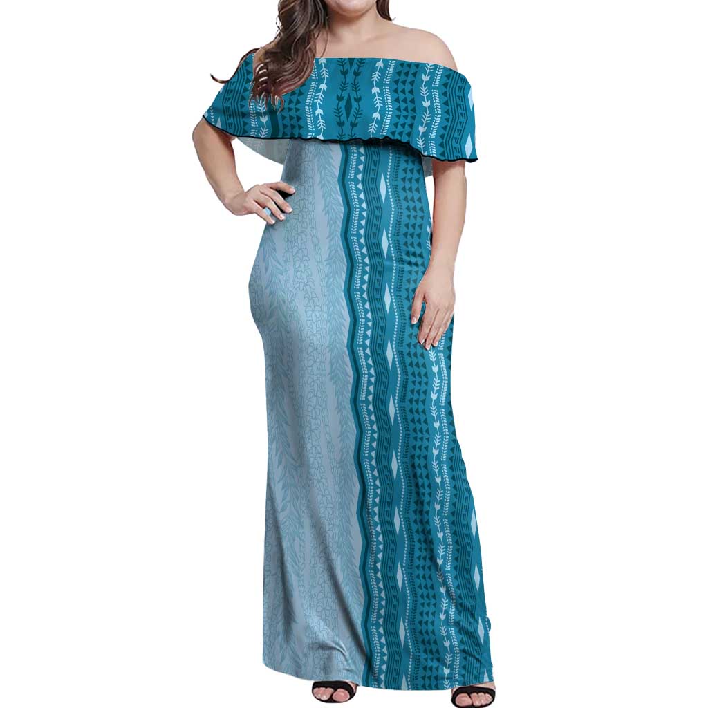 Vintage Cobalt Blue Hawaiian Traditional Kapa Mix Flowers Lei Off Shoulder Maxi Dress LT7 Women Cobalt Blue - Polynesian Pride