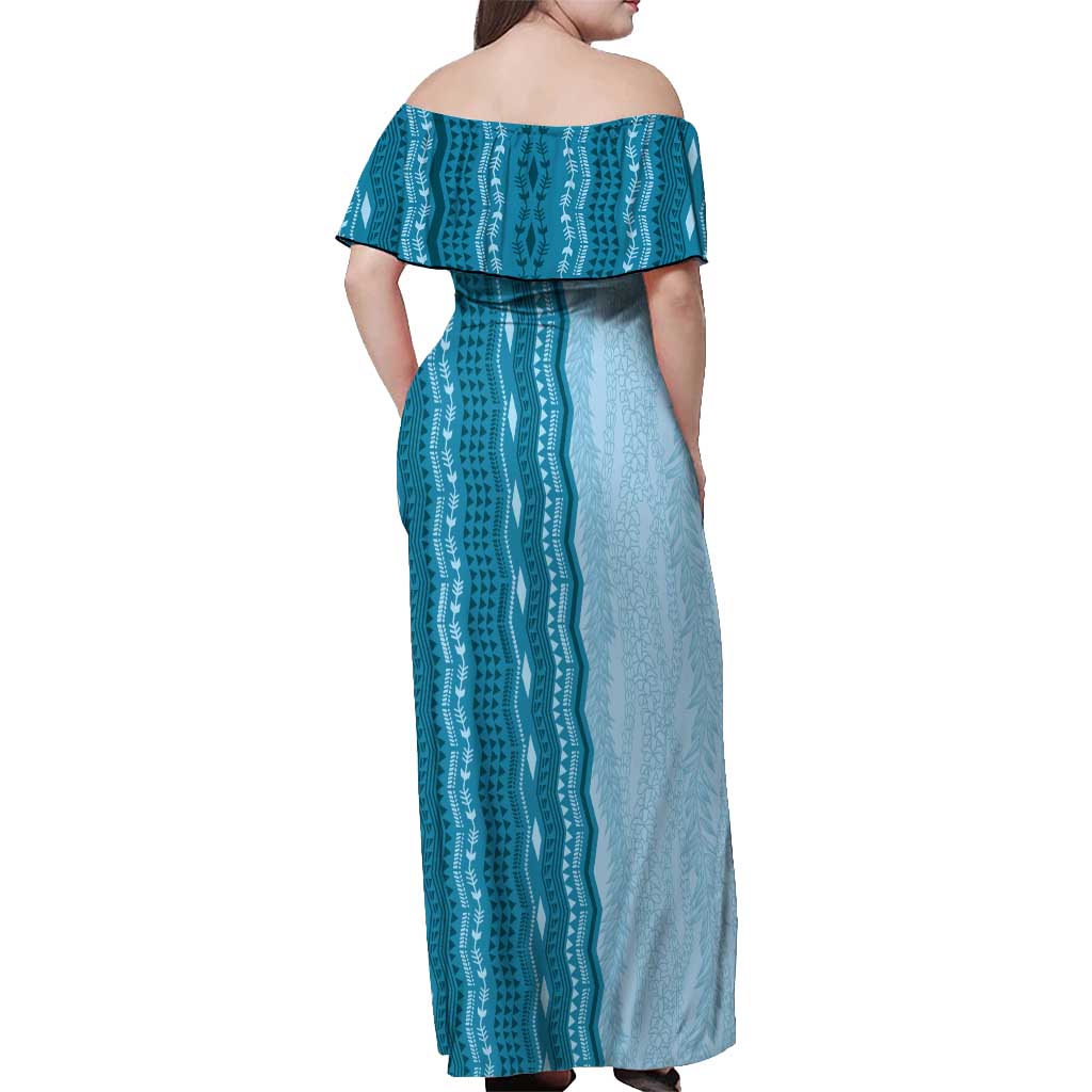 Vintage Cobalt Blue Hawaiian Traditional Kapa Mix Flowers Lei Off Shoulder Maxi Dress LT7 - Polynesian Pride
