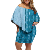 Vintage Cobalt Blue Hawaiian Traditional Kapa Mix Flowers Lei Off Shoulder Short Dress