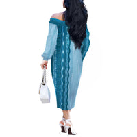 Vintage Cobalt Blue Hawaiian Traditional Kapa Mix Flowers Lei Off The Shoulder Long Sleeve Dress