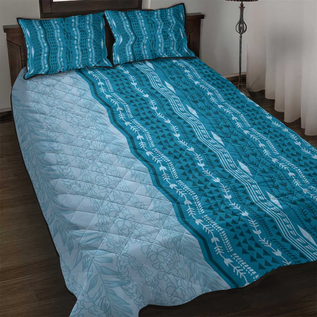 Vintage Cobalt Blue Hawaiian Traditional Kapa Mix Flowers Lei Quilt Bed Set