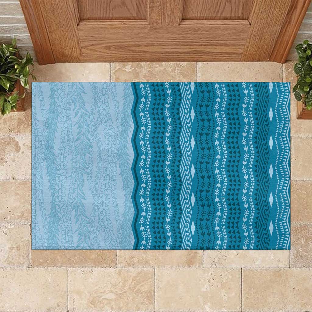 Vintage Cobalt Blue Hawaiian Traditional Kapa Mix Flowers Lei Rubber Doormat