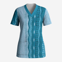 Vintage Cobalt Blue Hawaiian Traditional Kapa Mix Flowers Lei Scrub Top