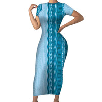 Vintage Cobalt Blue Hawaiian Traditional Kapa Mix Flowers Lei Short Sleeve Bodycon Dress